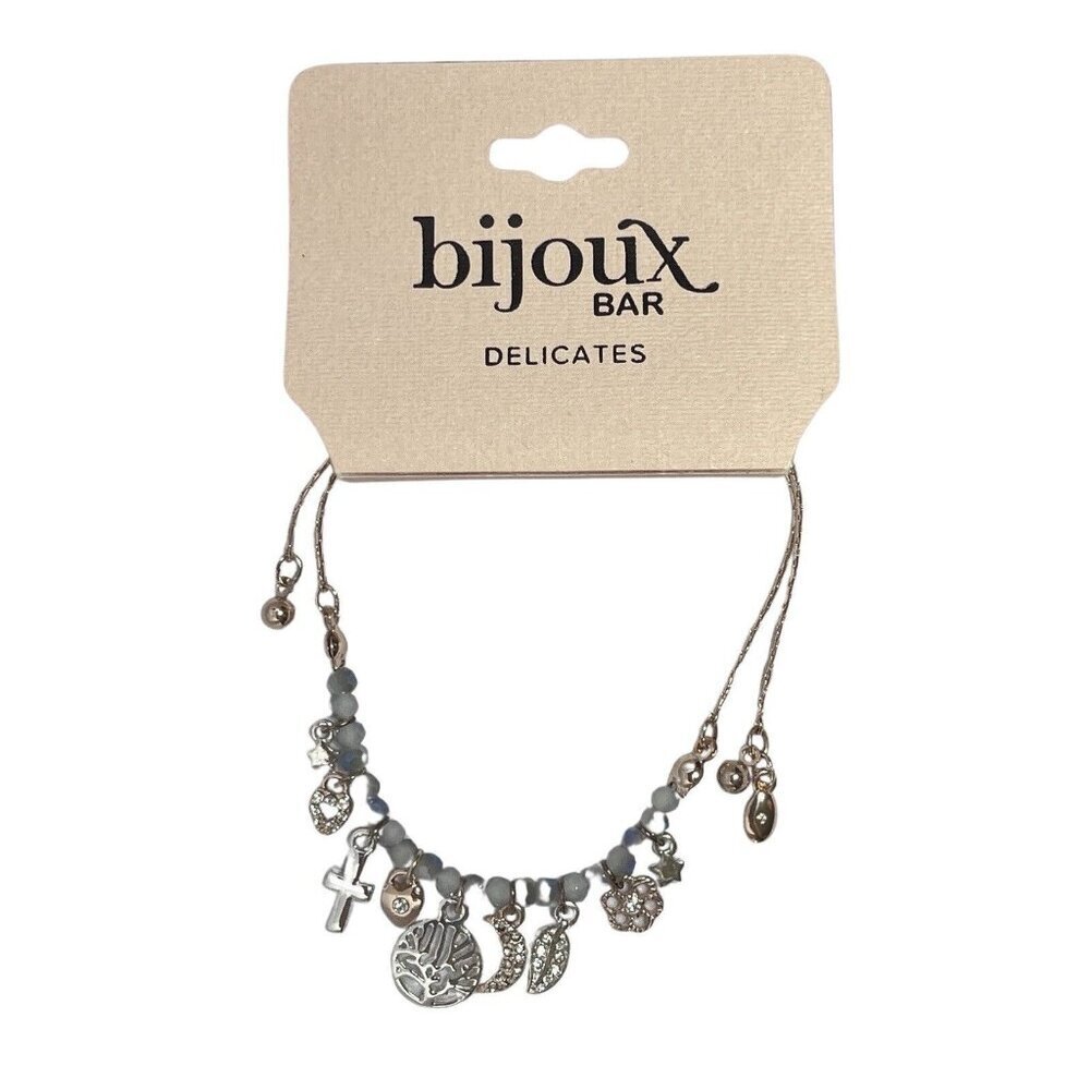 BIJOUX BAR Delicates Silver Tone Beaded Boho Bracelet Cross Heart 11" Charms NEW